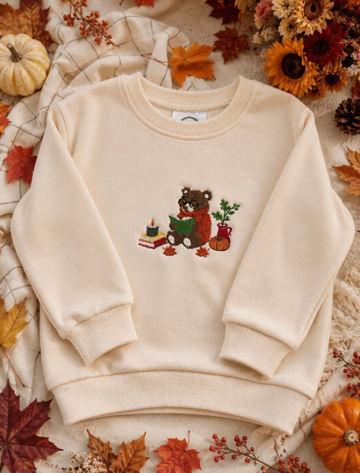 Embroidered Fall Bear Kids Crewnecks