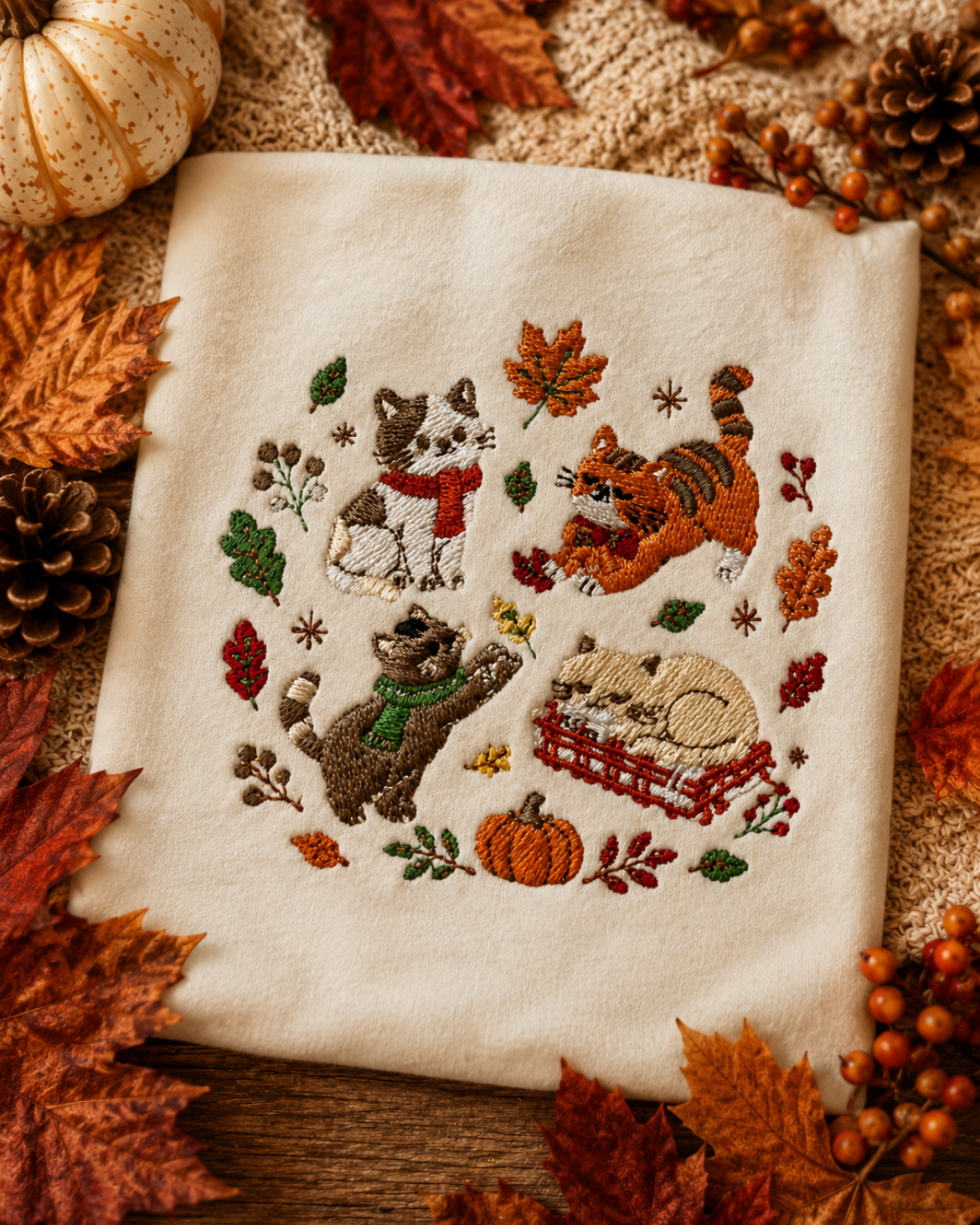 Fall Cat Embroidered Kids T-Shirt
