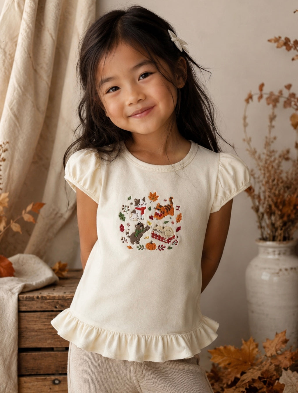 Fall Cat Embroidered Kids T-Shirt
