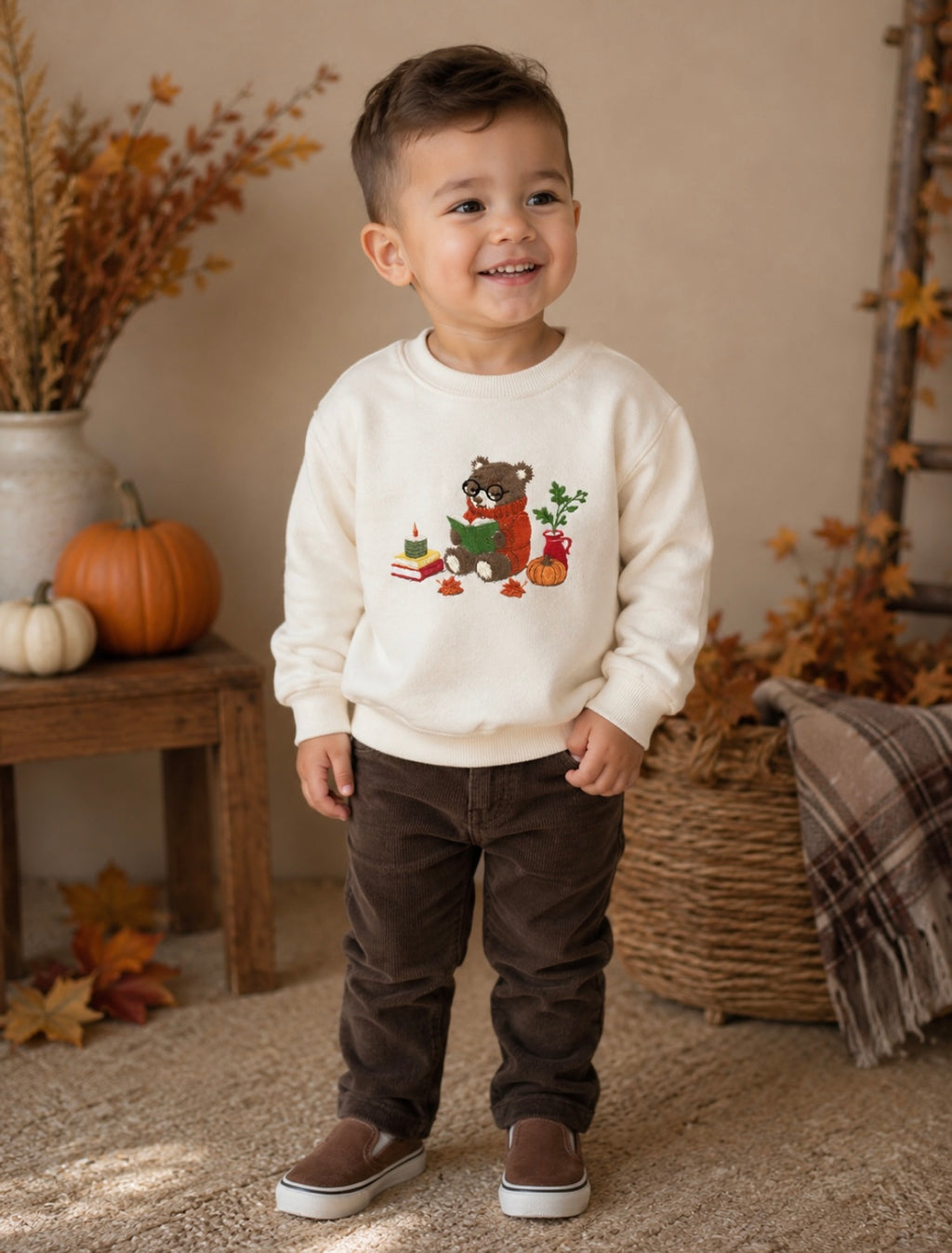 Embroidered Fall Bear Kids Crewnecks
