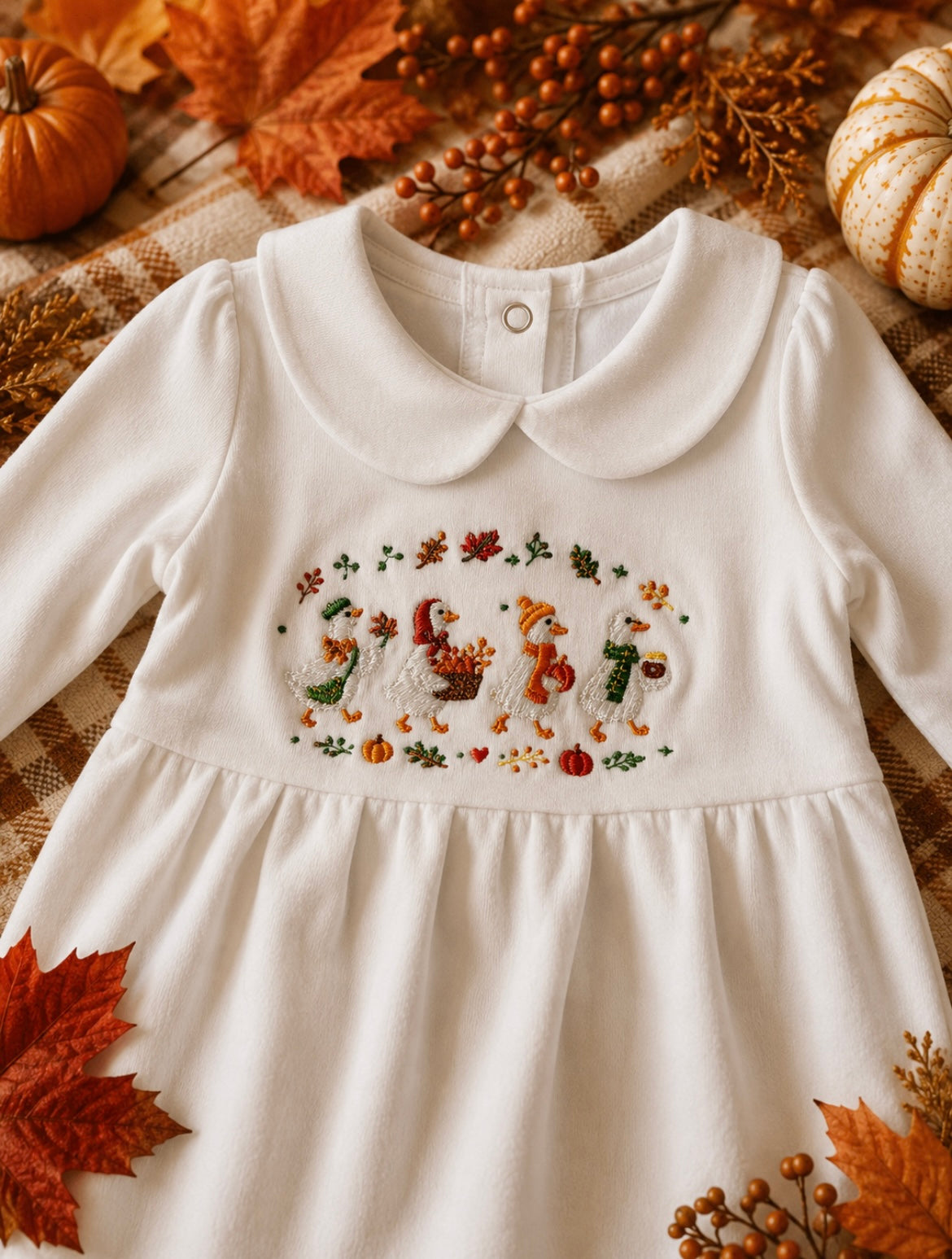 Baby Fall Goose Embroidered Collared Sleeper