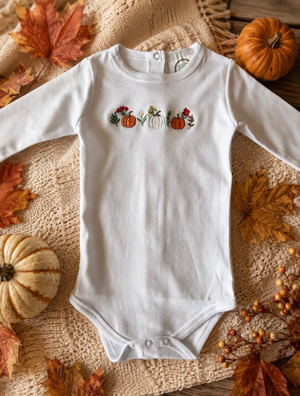 Baby Pumpkin & Floral Embroidered Long Sleeve Onsie