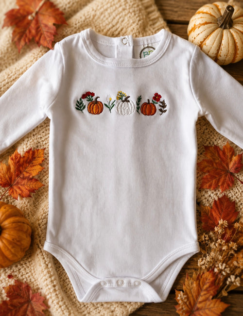 Baby Pumpkin & Floral Embroidered Long Sleeve Onsie