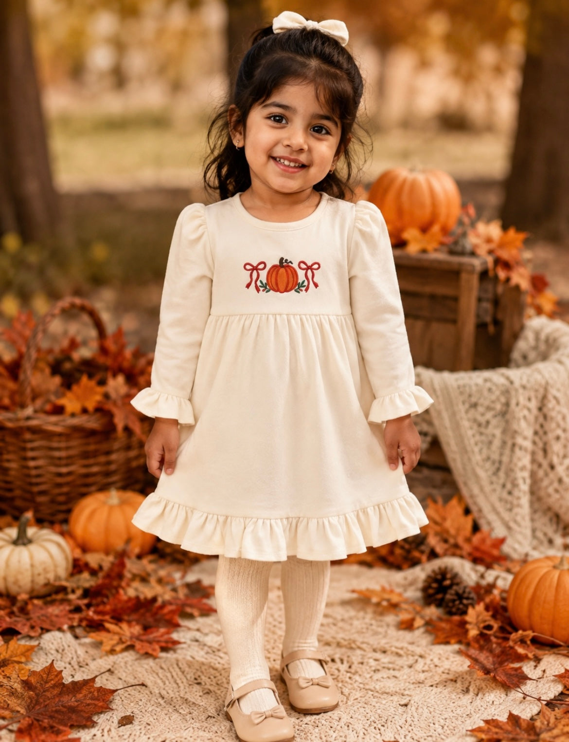 Pumpkin Bow Embroidered Fall Dress